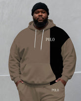 Large Size Men's Autumn And Winter Warm Cold-proof Grey Curry & Black Contrast Small Label Printed Hoodie Sweatpants Set